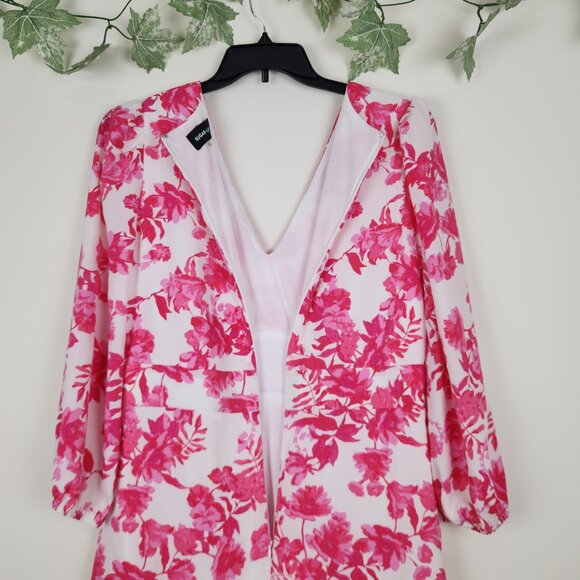 SUGAR LIPS Size L Floral Pink White Long Sleeve V-Neck Romper with Pockets - Picture 5 of 8